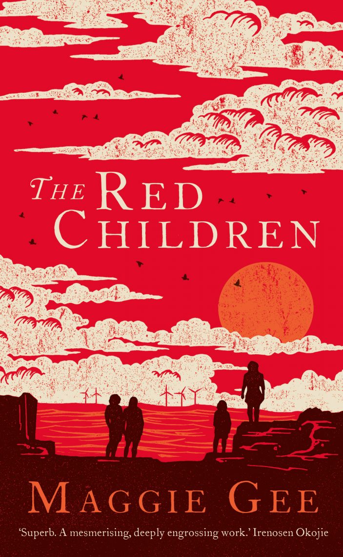 Cover of The Red Children. Image of the coast with four figures.